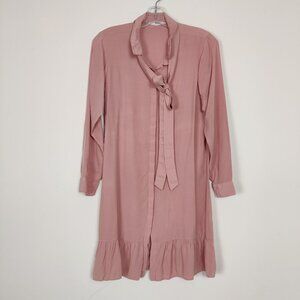 Engine Women's Tunic Size S Pink Cotton Buttoned Bow Tie Ruffled Hem Casual Chic
